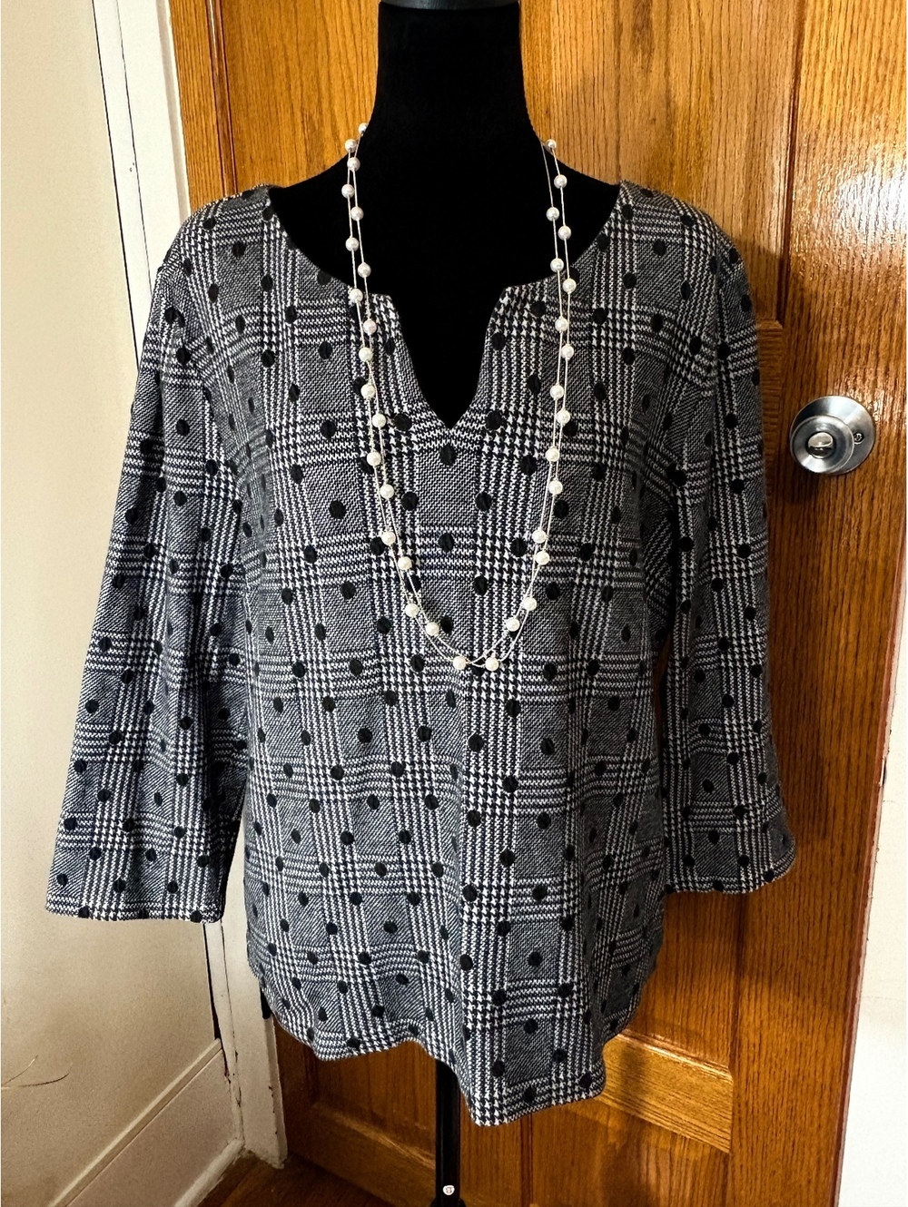 Talbots XL Black White Plaid Dot 3/4 Sleeve Blouse